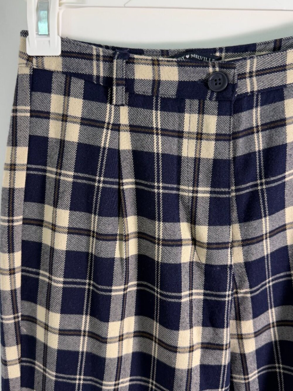 Brandy Melville Plaid Pants Navy Cream Tartan Straight Leg Preppy Academia - Picture 2 of 10